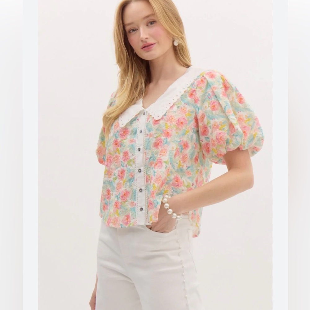 Entro vibrant floral print eyelet lace collar SMALL puff sleeves cottage core